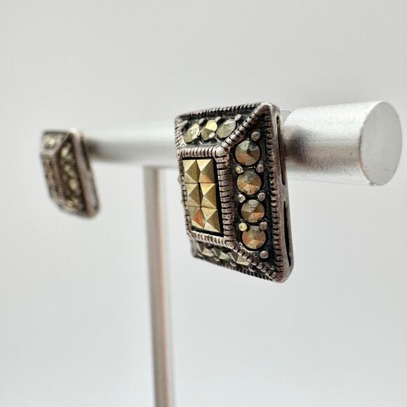 Marcasite Rhinestone 925 Silver Art Deco Revival Rectangle Earrings Tested - Picture 4 of 15